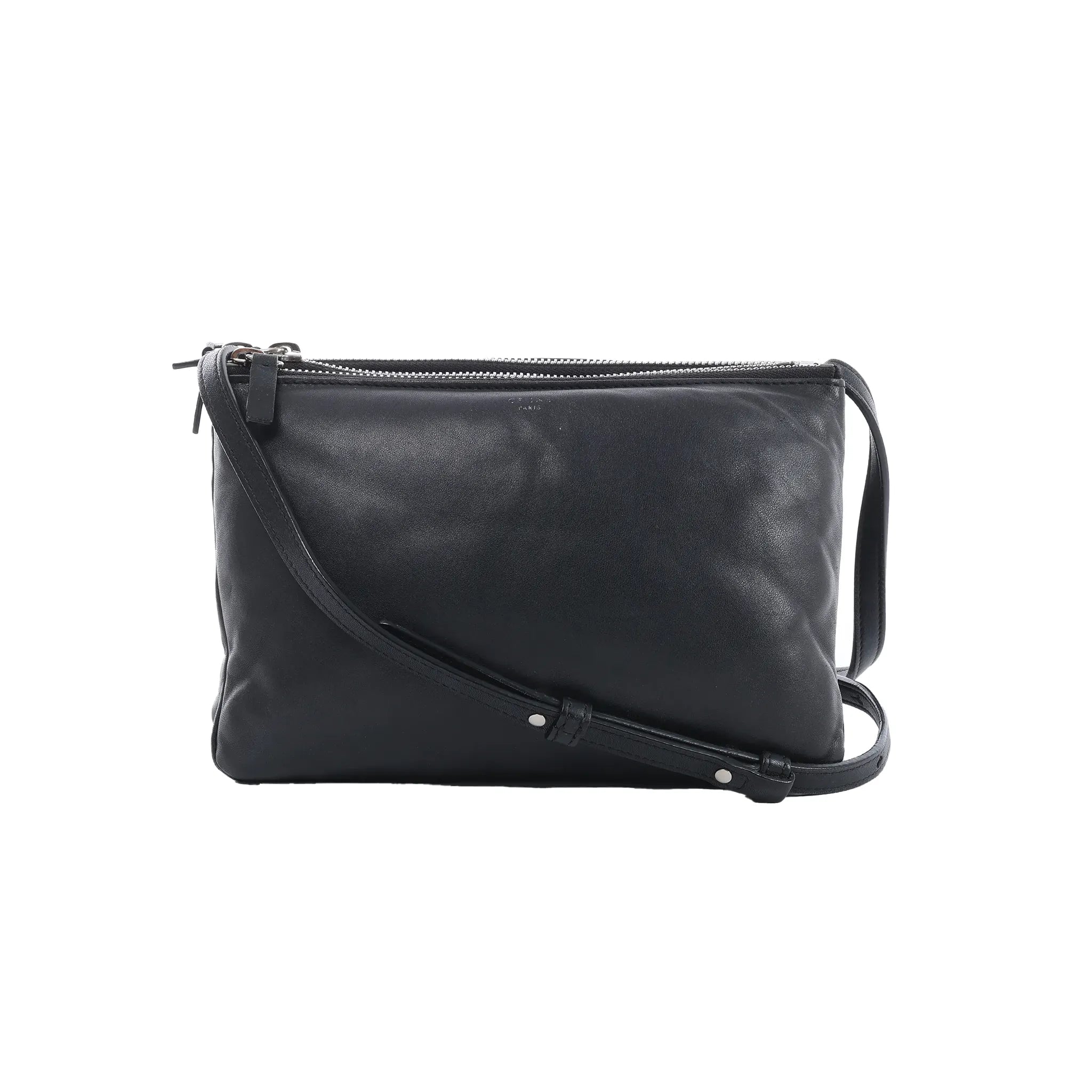 Celine Soft Trio Small crossbody bag in black leather with a slim adjustable strap, soft rectangular shape and silver-tone top zippers.
