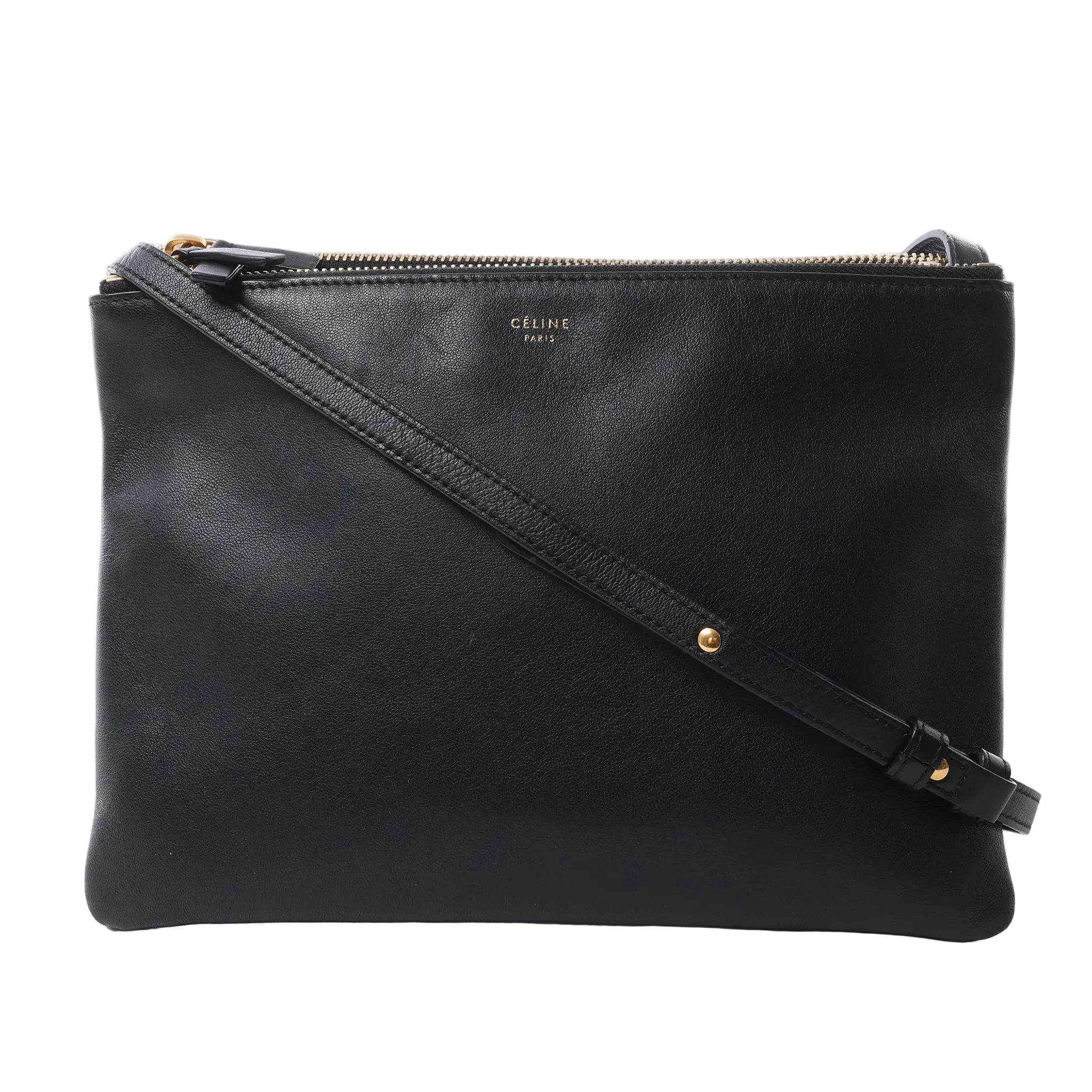 Celine Trio Large black leather crossbody bag with a rectangular shape, top zip closure, gold-tone logo and adjustable shoulder strap.