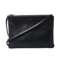 Celine Trio Large black leather crossbody bag with three top zip compartments, gold-tone logo and slim adjustable shoulder strap.
