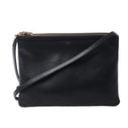 Celine Trio Large black leather crossbody bag with three top zip compartments, gold-tone logo and slim adjustable shoulder strap.