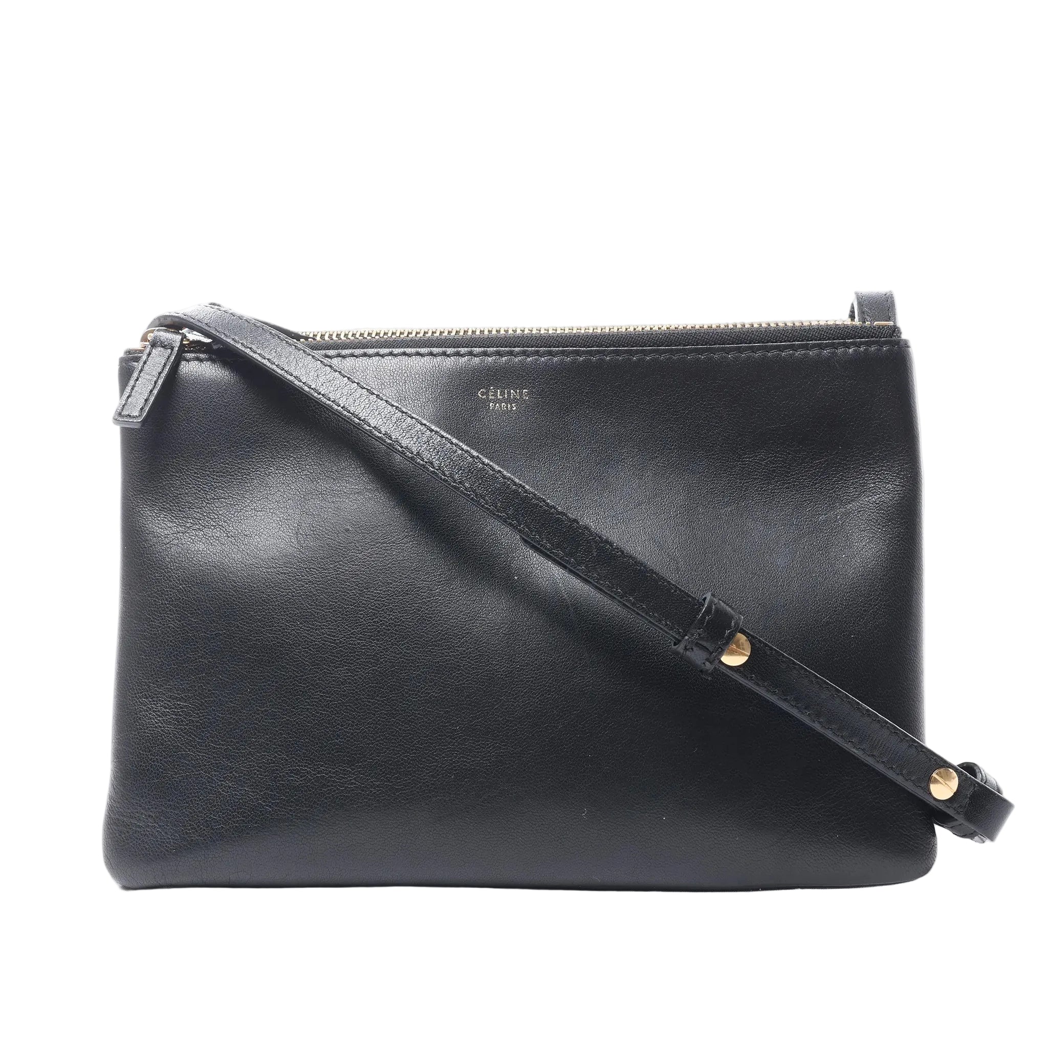 Celine Trio Small black leather crossbody bag with a rectangular shape, top zip closure, gold-tone logo and adjustable shoulder strap.