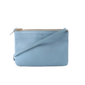 Celine Trio Small blue leather crossbody bag with zip-top closure, slim leather shoulder strap, and gold-tone zipper hardware.