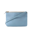 Celine Trio Small blue leather crossbody bag with zip-top closure, slim leather shoulder strap, and gold-tone zipper hardware.