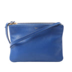 Celine Trio Small crossbody bag in blue leather with slim shoulder strap, gold-tone top zippers and small Celine Paris logo.