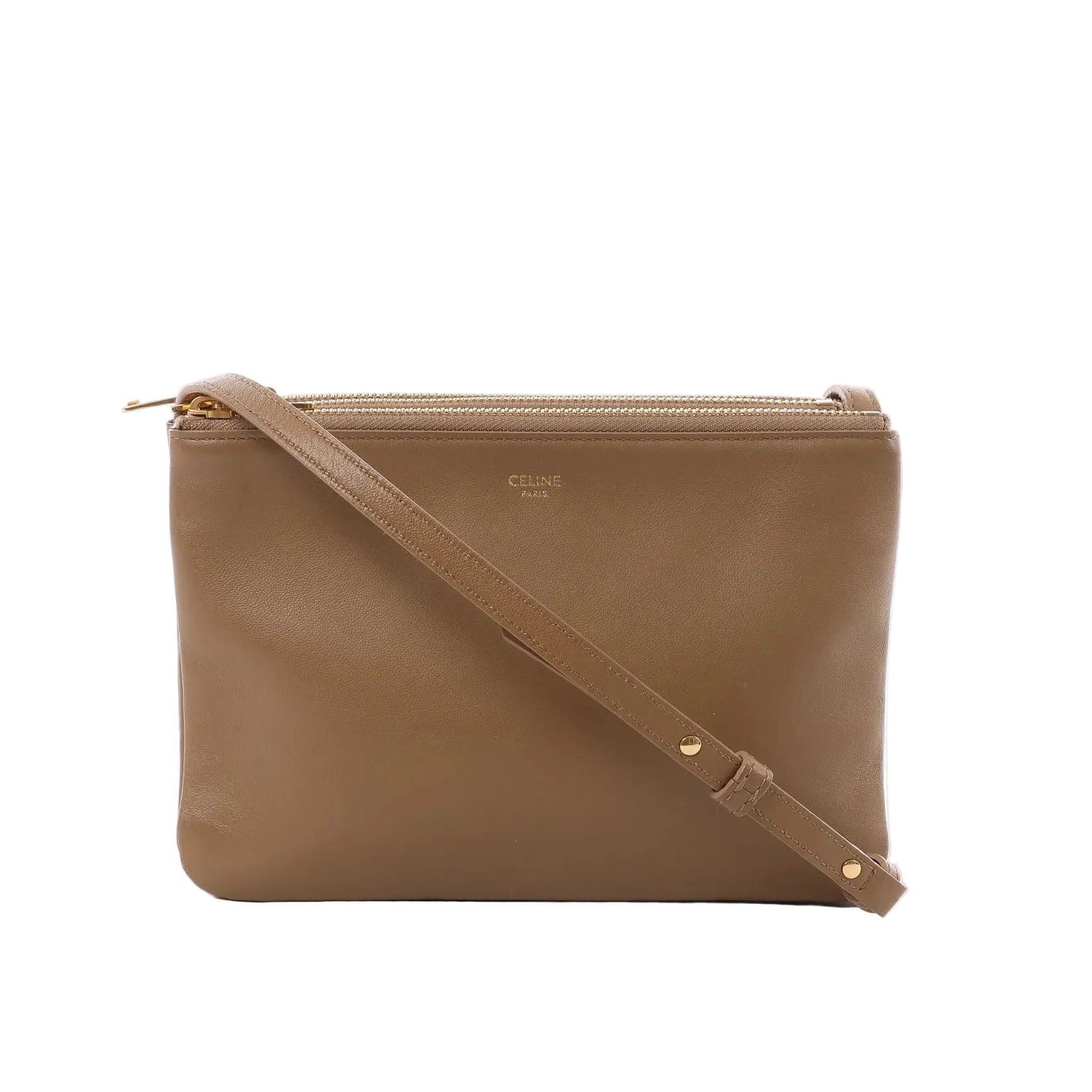 Brown Celine Trio Small leather crossbody bag with zip top and adjustable strap on white background.