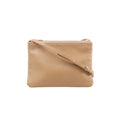 Beige Celine Trio Large leather crossbody bag with slim shoulder strap, gold-tone top zip closure, and Celine Paris logo on front.