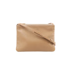 Beige Celine Trio Large leather crossbody bag with slim shoulder strap, gold-tone top zip closure, and Celine Paris logo on front.