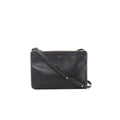 Black Celine Trio Small leather crossbody bag with zip-top closure, small gold logo, and slim strap with gold rivet details on a white background