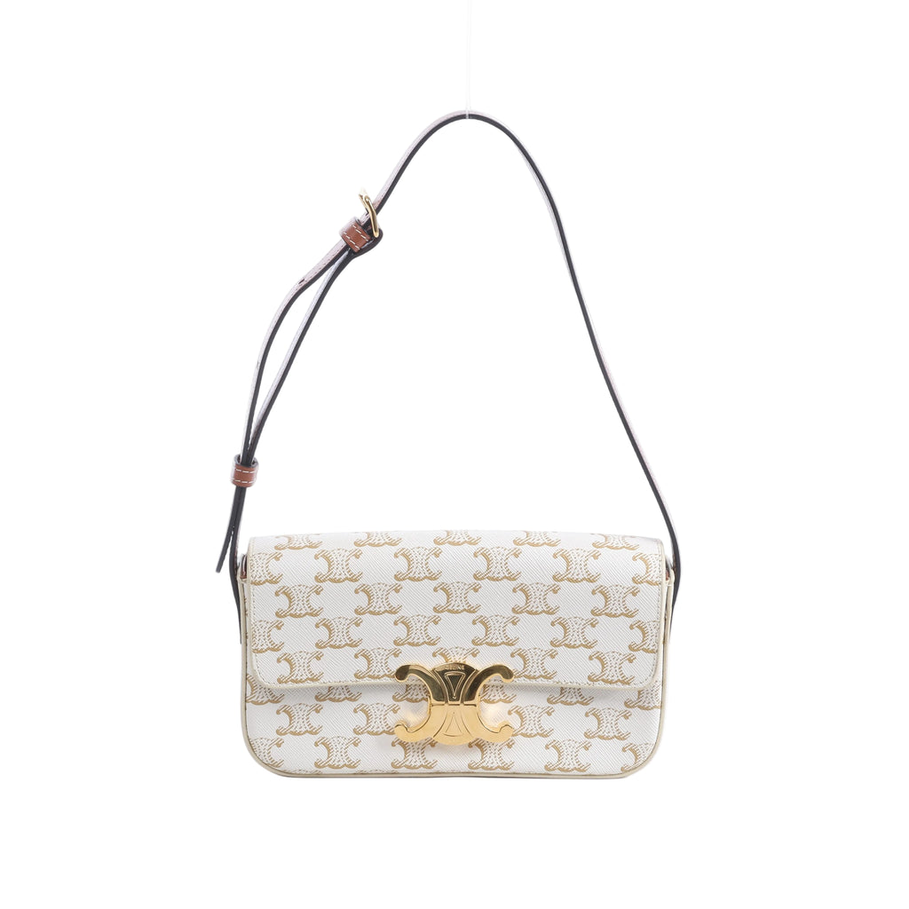 Beige Celine Triomphe Claude shoulder bag with repeating logo motif, gold-tone Triomphe clasp and slim brown adjustable strap.