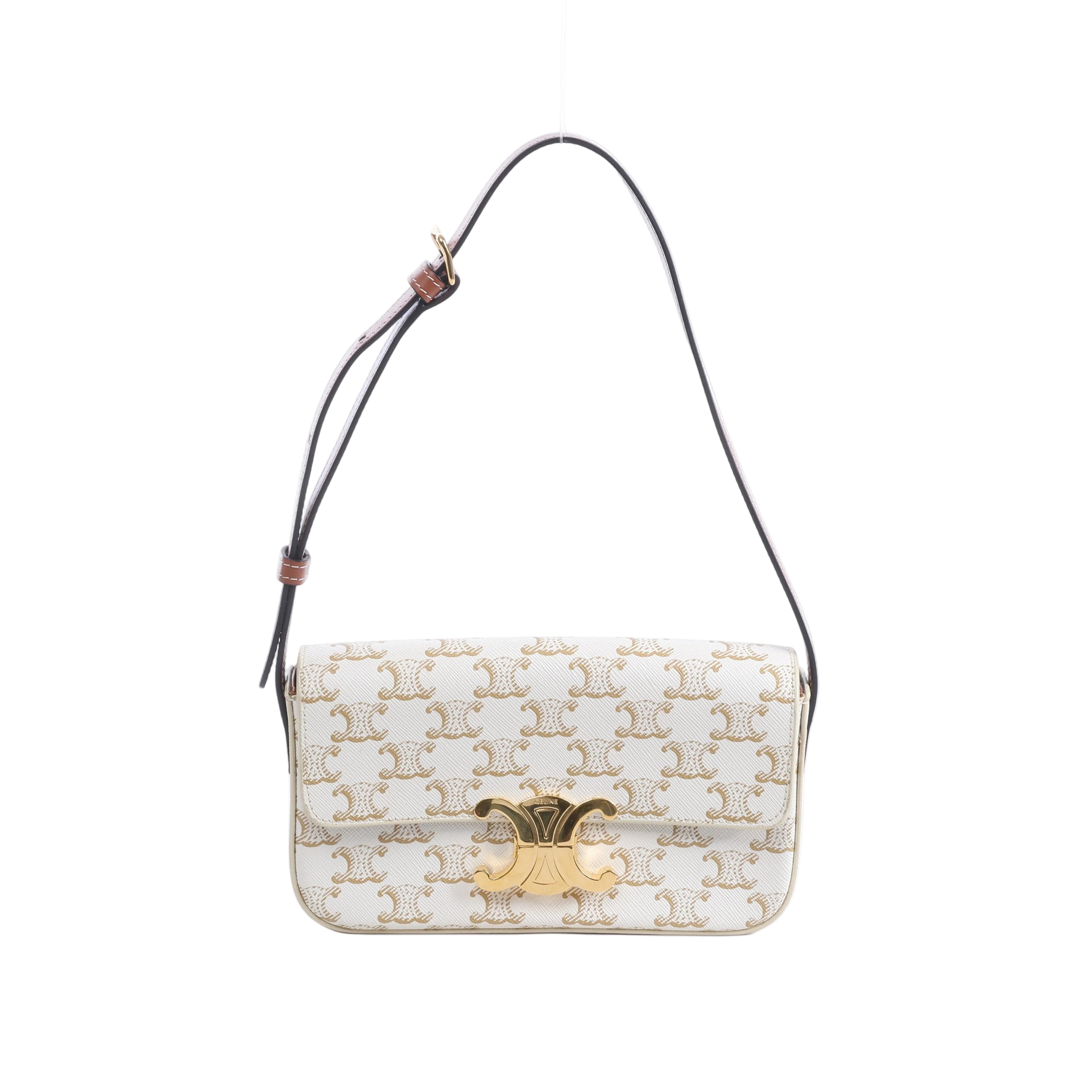 Beige Celine Triomphe Claude shoulder bag with repeating logo motif, gold-tone Triomphe clasp and slim brown adjustable strap.