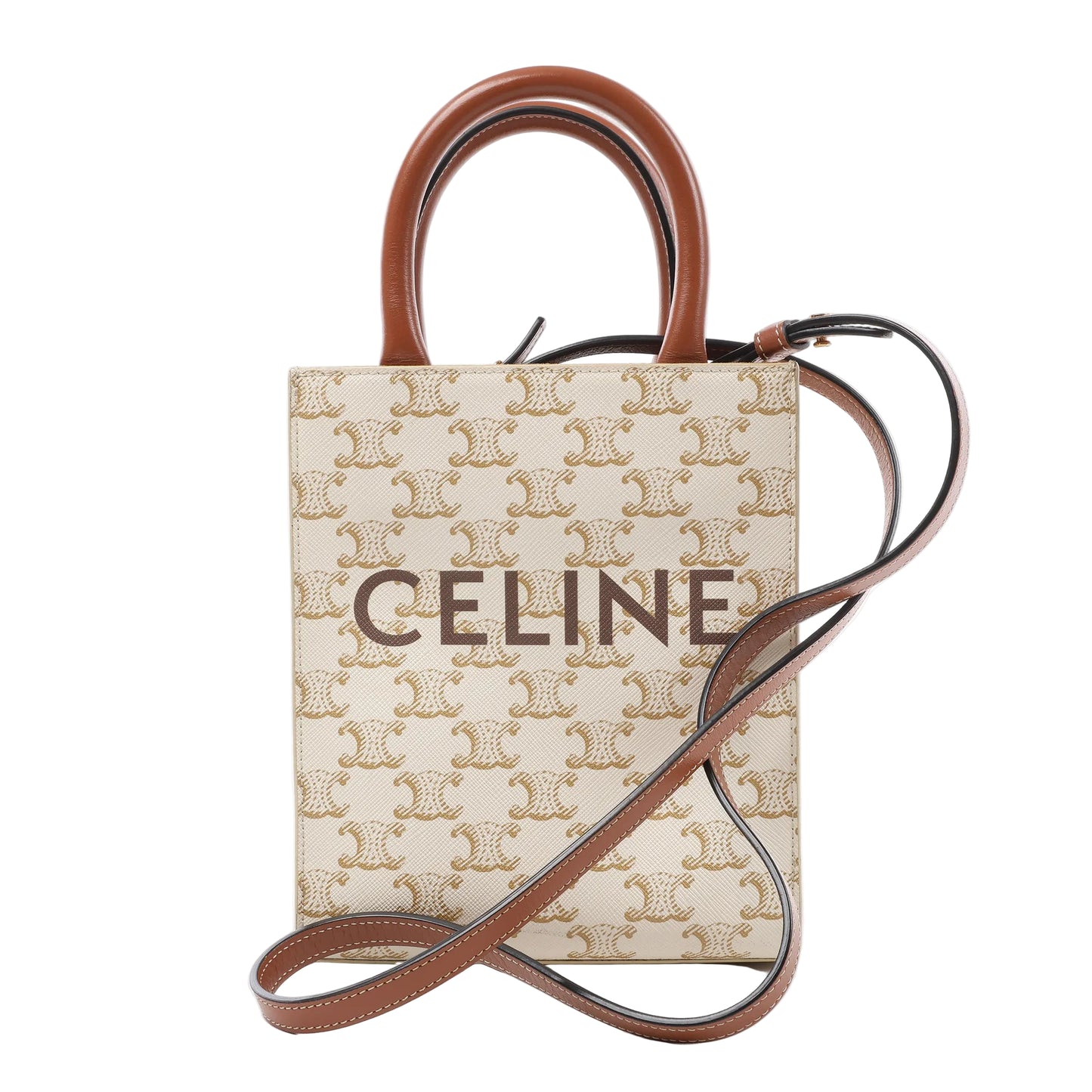 Front view of the Celine Triomphe Mini Vertical 2Way Handbag in white and brown, featuring allover Triomphe logo PVC canvas, brown leather top handles and crossbody strap, and bold CELINE branding on the front, displayed against a white background.