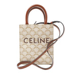 Front view of the Celine Triomphe Mini Vertical 2Way Handbag in white and brown, featuring allover Triomphe logo PVC canvas, brown leather top handles and crossbody strap, and bold CELINE branding on the front, displayed against a white background.