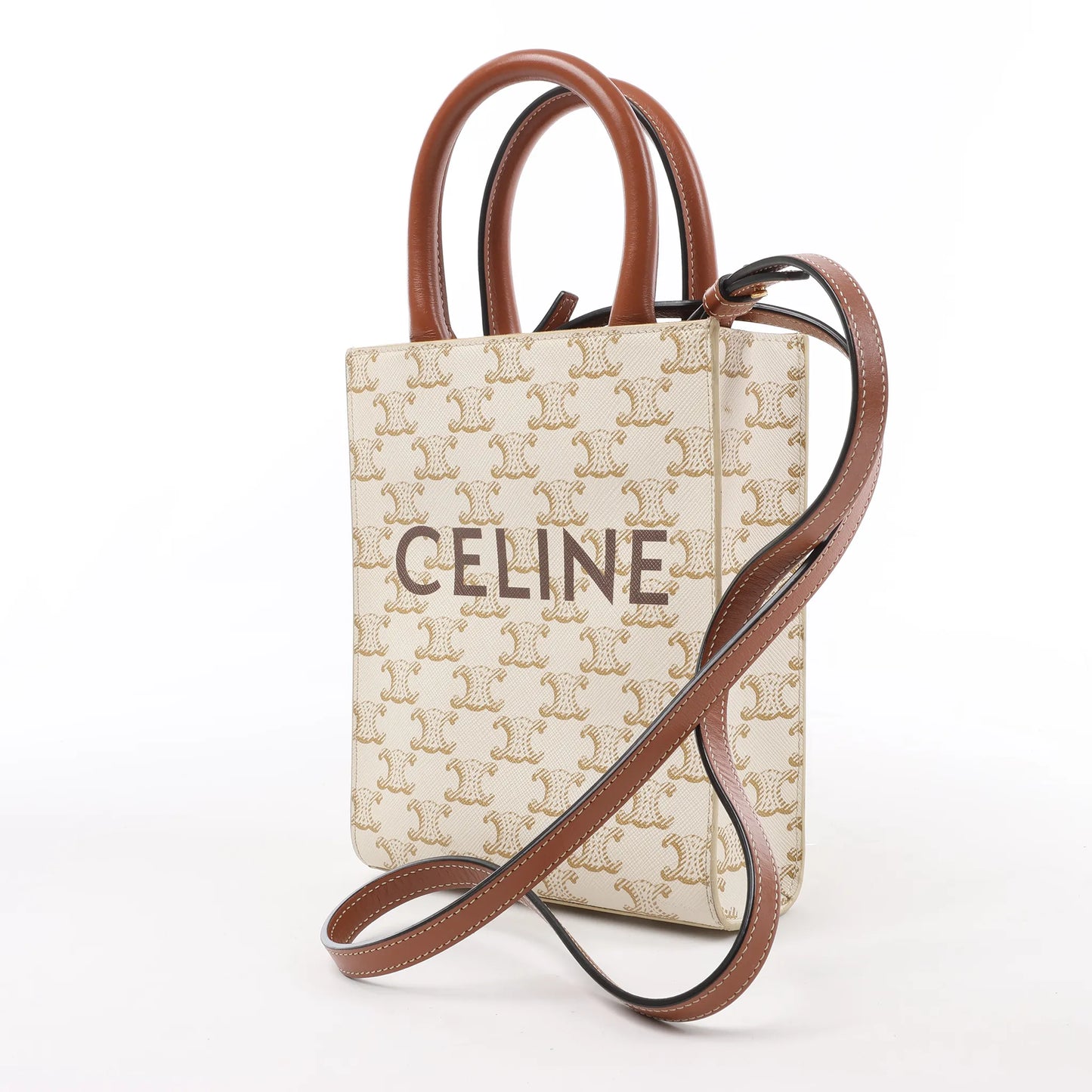 Celine Triomphe Mini Vertical Hippopotamus PVC x Leder 2-Wege Handtasche Weiß x Braun