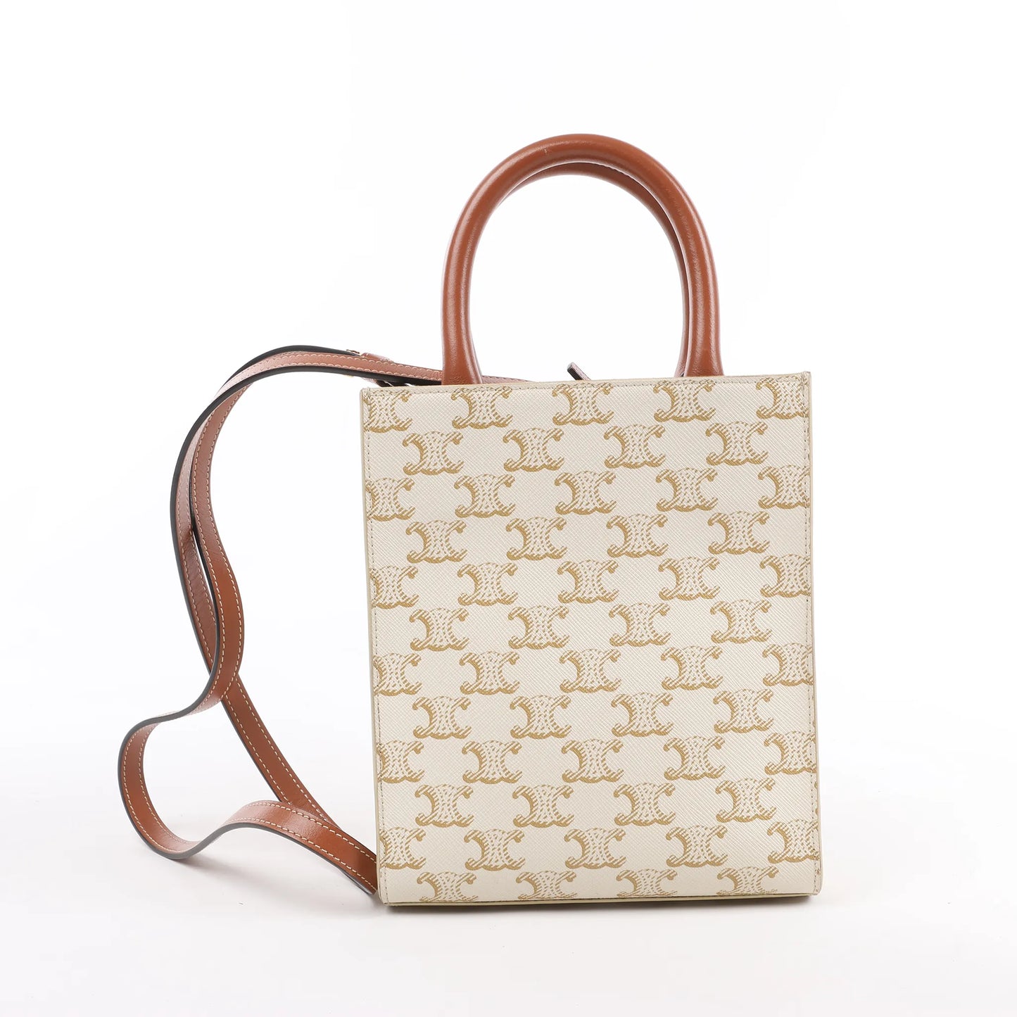 Celine Triomphe Mini Vertical Hippopotamus PVC x Leder 2-Wege Handtasche Weiß x Braun