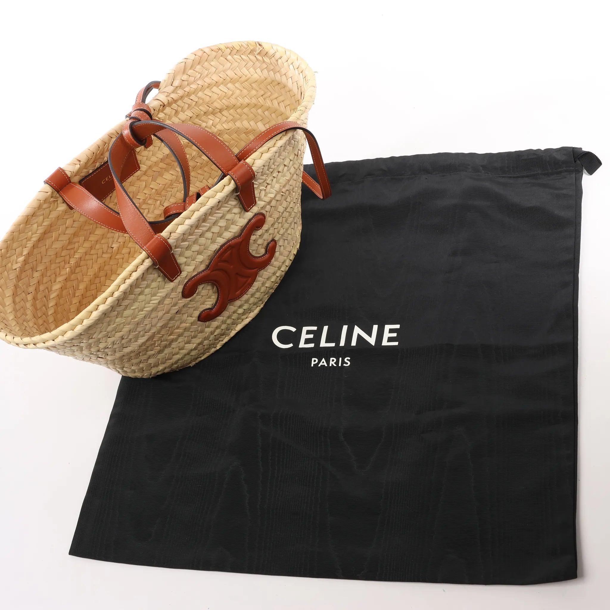 Celine Triomphe Straws x Leather 2Way Handbag Beige x Brown