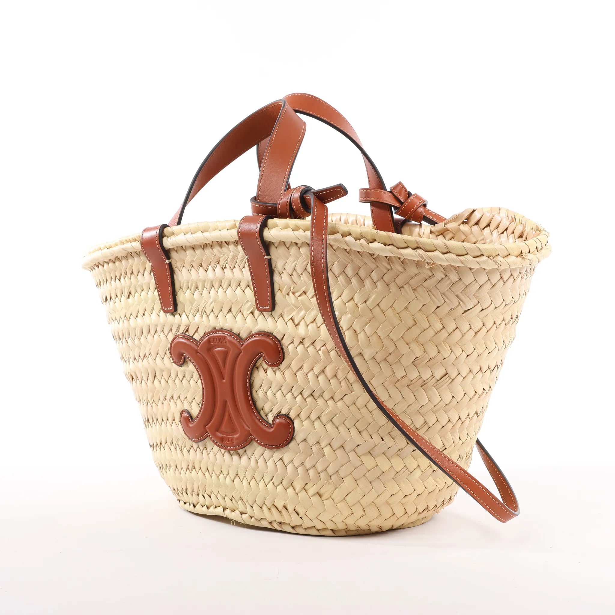 Celine Triomphe Straws x Leather 2Way Handbag Beige x Brown