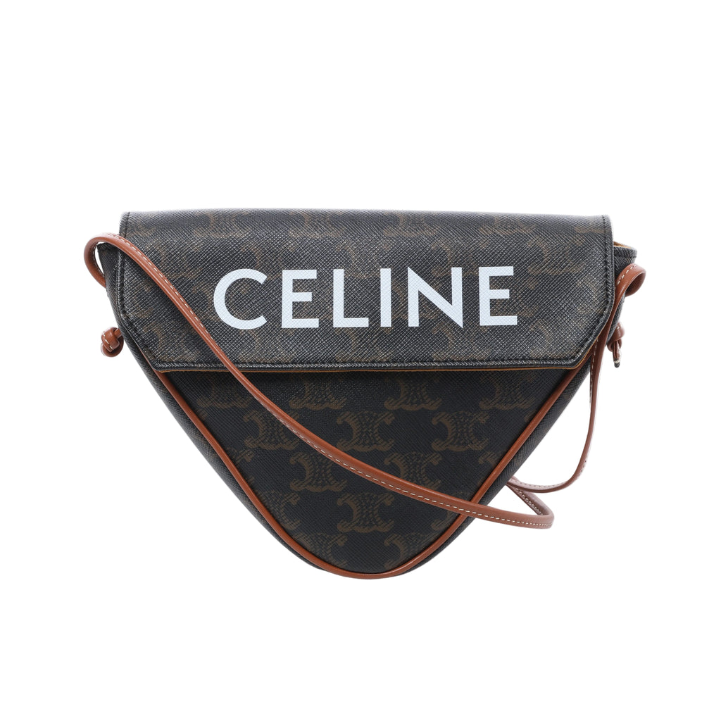 Brown Celine Triomphe Triangle crossbody bag with monogram pattern, large white CELINE lettering, tan leather trim and slim shoulder strap.