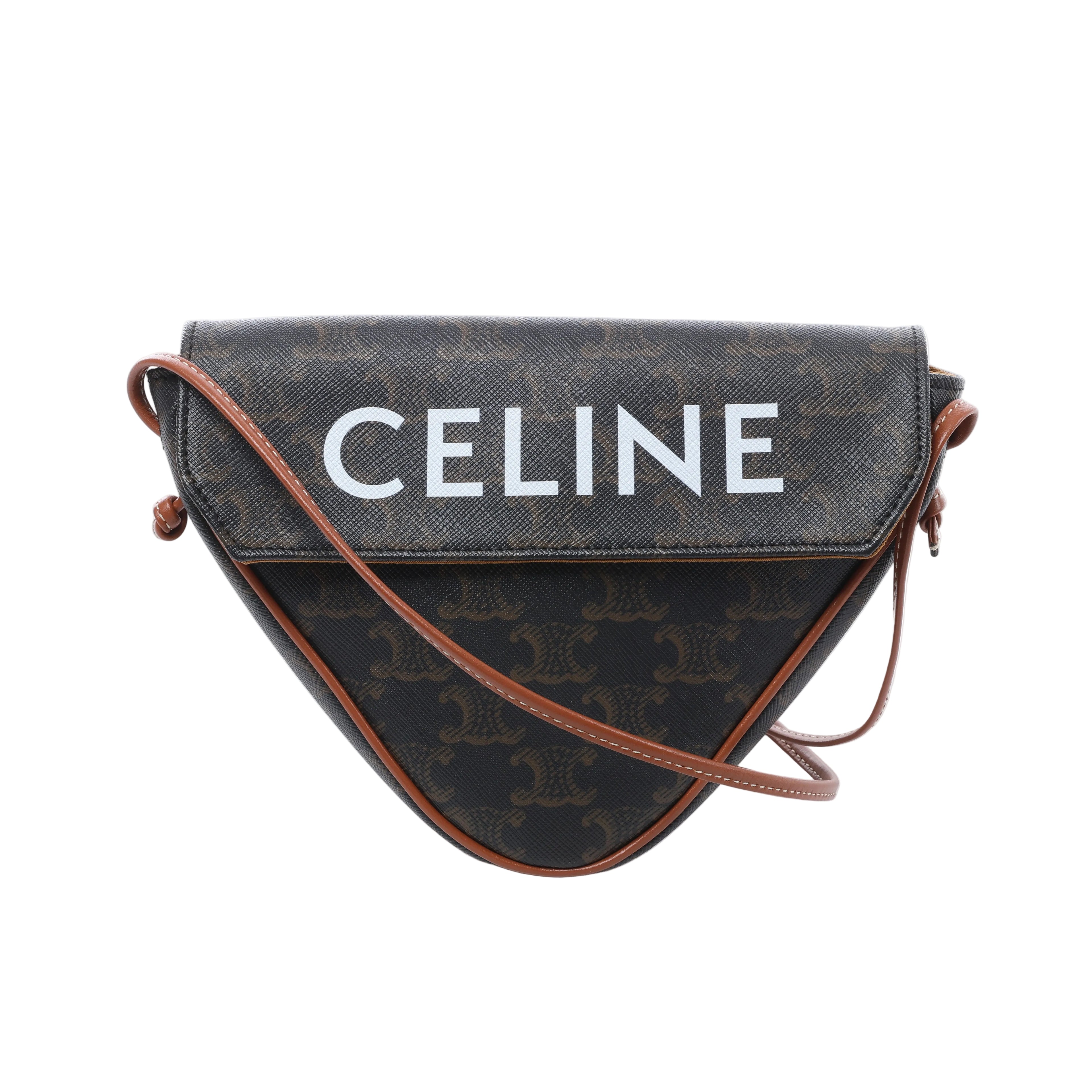 Brown Celine Triomphe Triangle crossbody bag with monogram pattern, large white CELINE lettering, tan leather trim and slim shoulder strap.