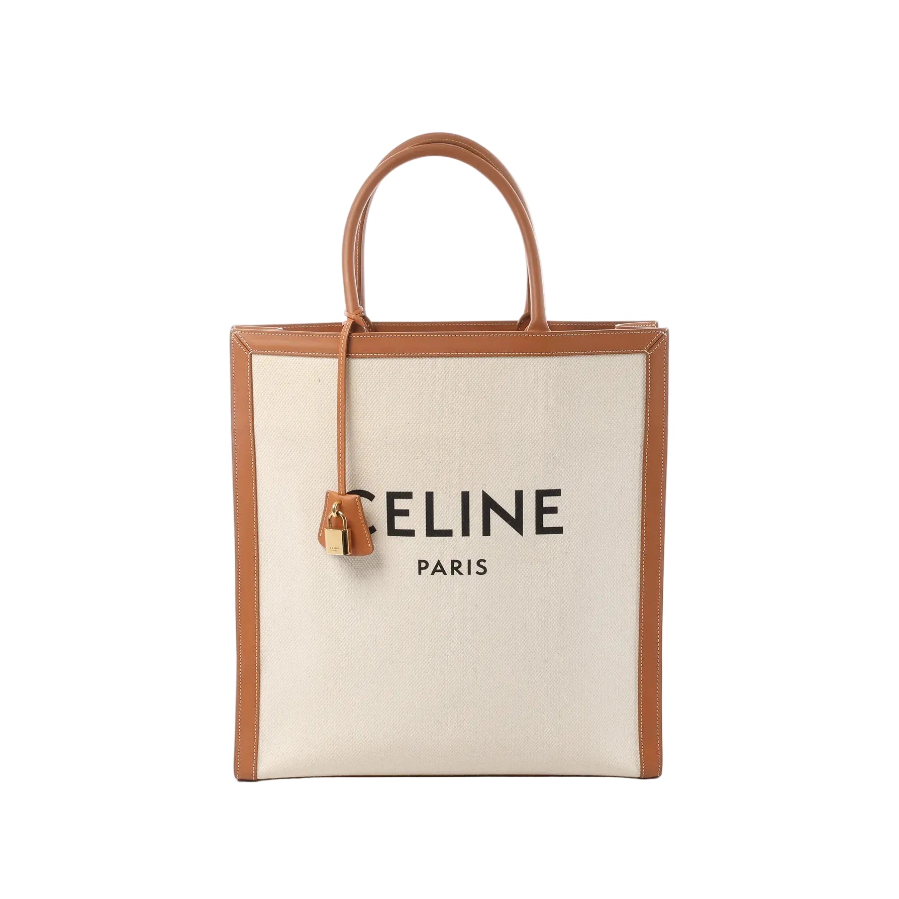 Celine Vertical Cabas Large tote in beige canvas with tan leather trim, top handles, CELINE PARIS logo print, and hanging padlock detail on the front.
