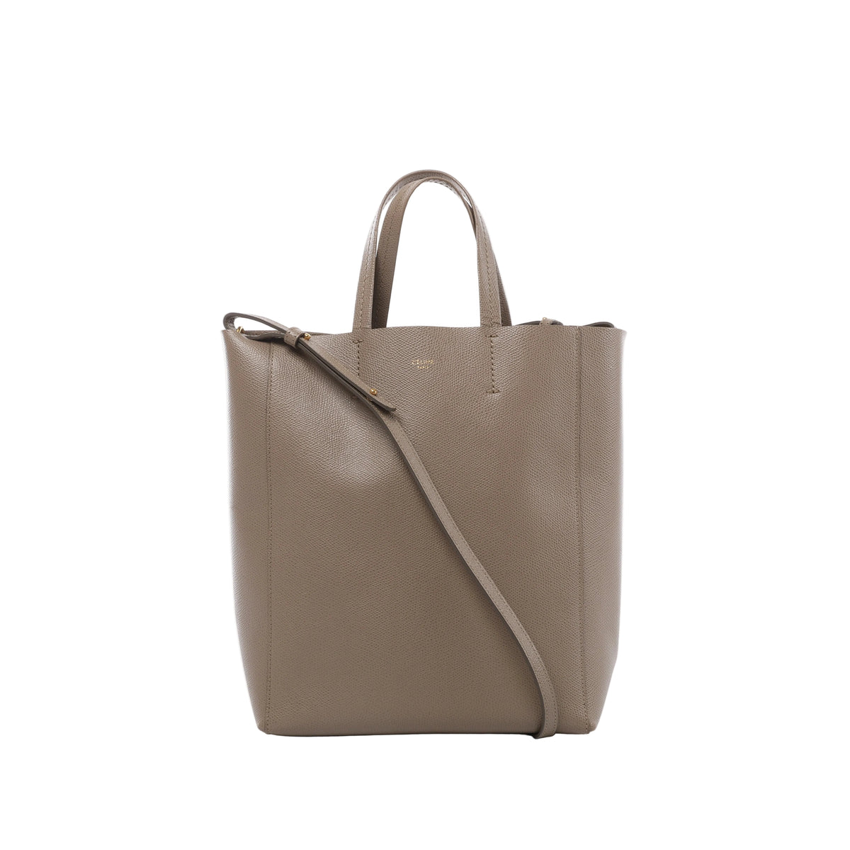 Front view of Celine Vertical Cabas Small beige grained leather handbag with twin top handles, matching shoulder strap and gold-tone logo.