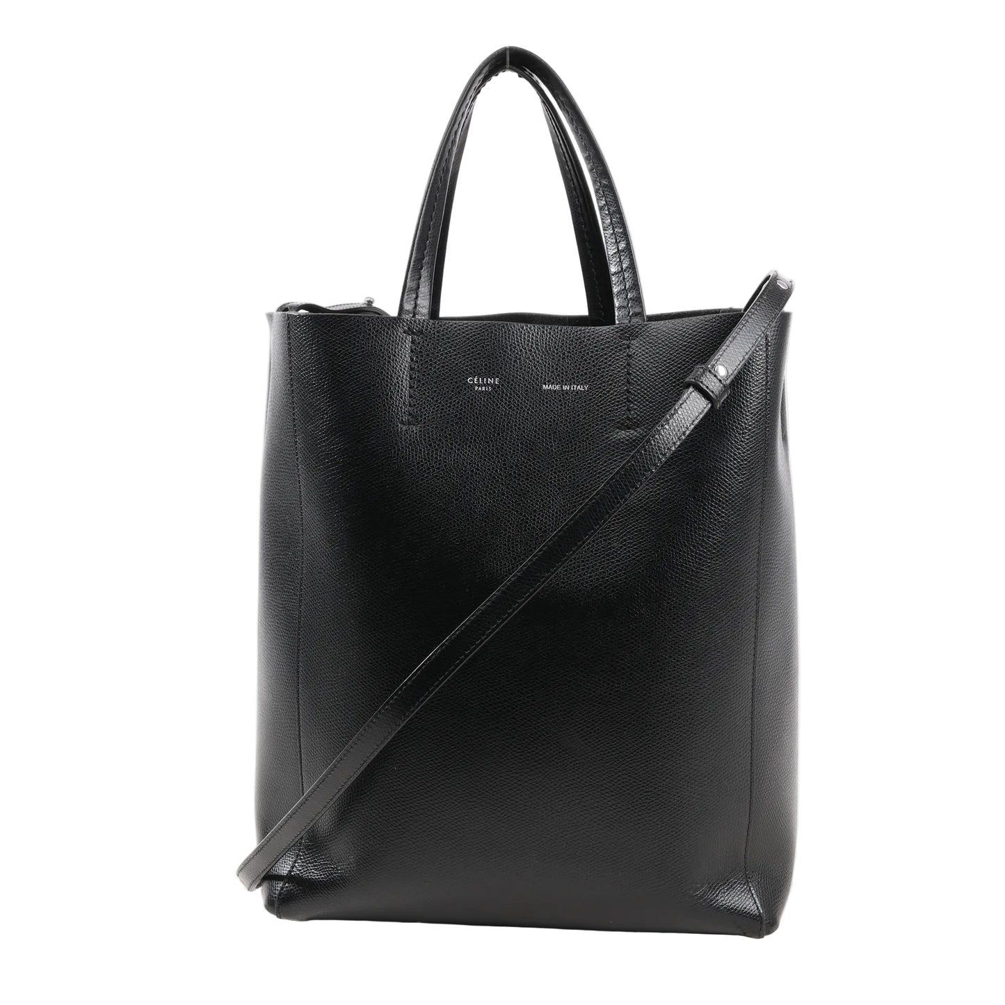 CELINE Cabas Vertical Small handbag in black grained leather with top handles, slim crossbody strap, and minimalist silver branding on front.