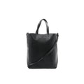 Black textured leather CELINE Cabas Vertical Small tote with two top handles and a long shoulder strap, front view on a white background.