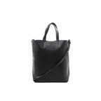 Black textured leather CELINE Cabas Vertical Small tote with two top handles and a long shoulder strap, front view on a white background.