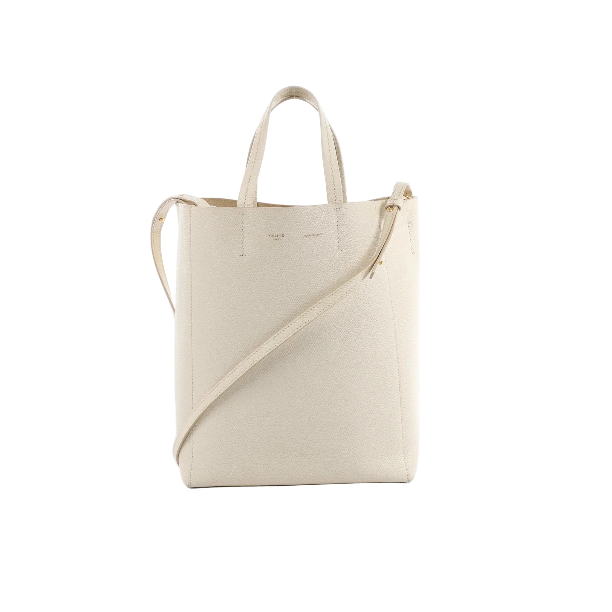White Celine Small Vertical Cabas leather tote with two top handles, a long crossbody strap, and subtle logo stamp on a white background