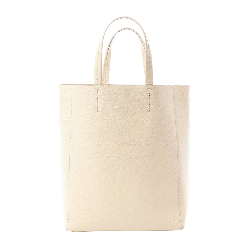 Celine Cabas Vertical Small handbag in beige textured leather with slim top handles, stitched side panels and subtle front logo.
