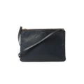 Black Celine Trio Large leather crossbody bag with gold-tone top zipper, slim strap, and small gold Celine Paris logo on front, on white background.