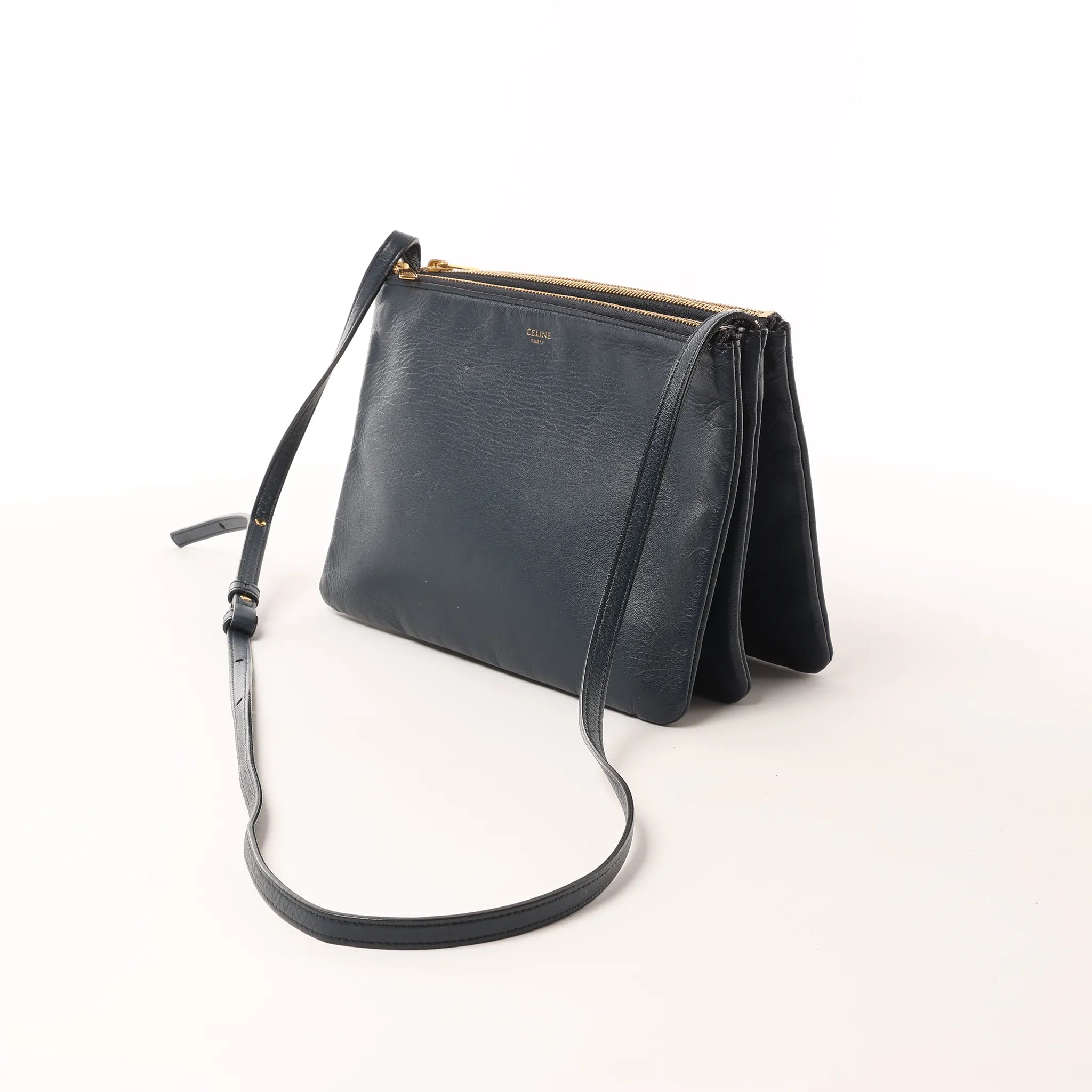 Celine Trio Large Leather Crossbody bag in Navy Blue