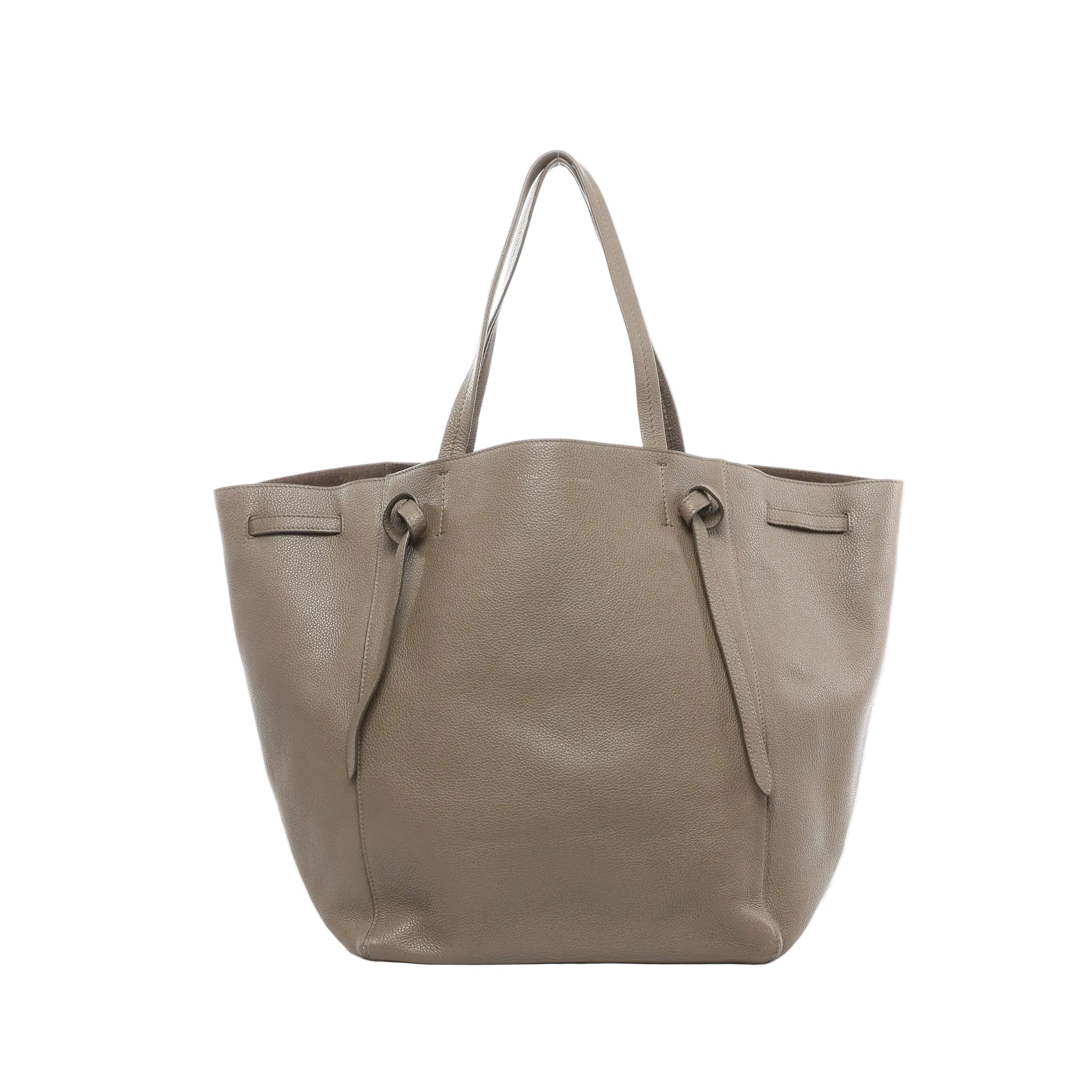 Taupe Celine Cabas Phantom Medium leather shoulder tote with two long top handles, open-top design, and front panel with knotted leather tie details, shown on a white background.