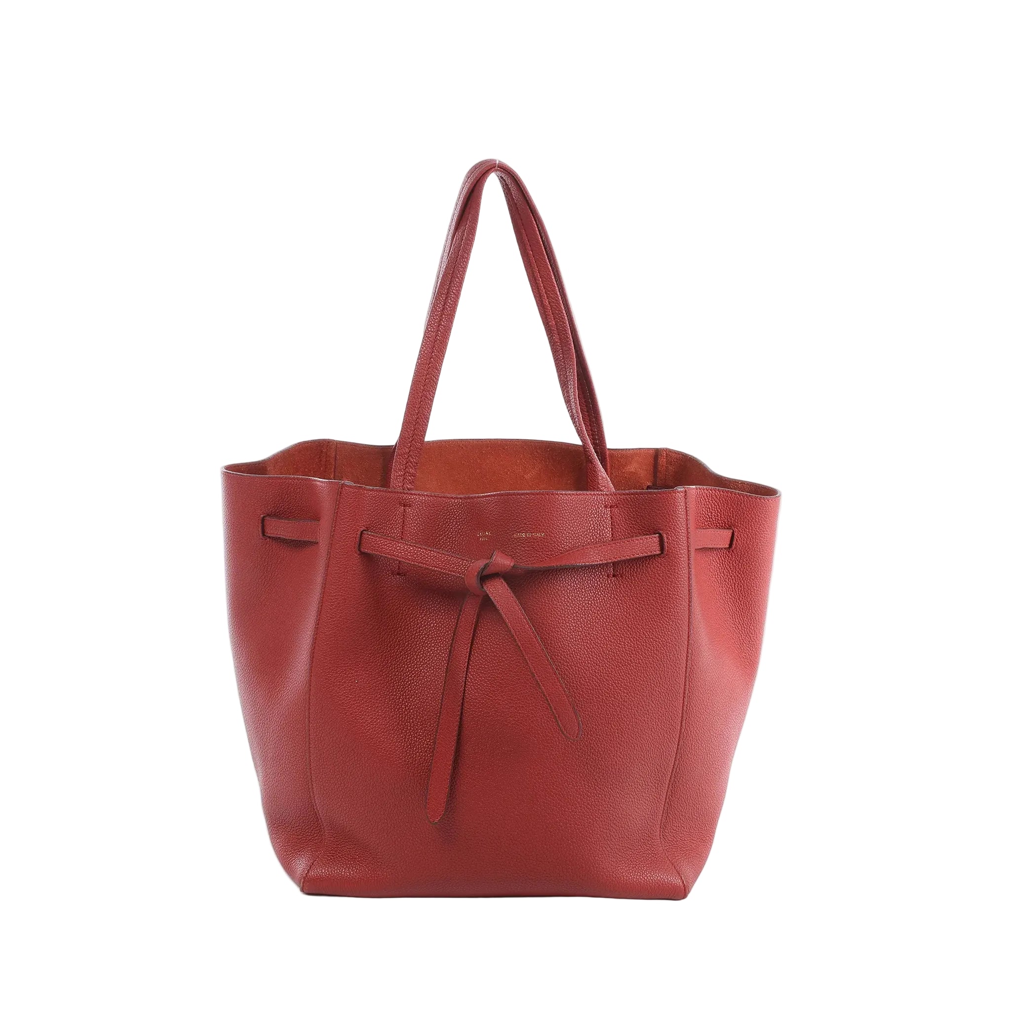 Celine Cabas Phantom Small shoulder bag in red grained leather with long handles, an open top and knotted front tie closure.