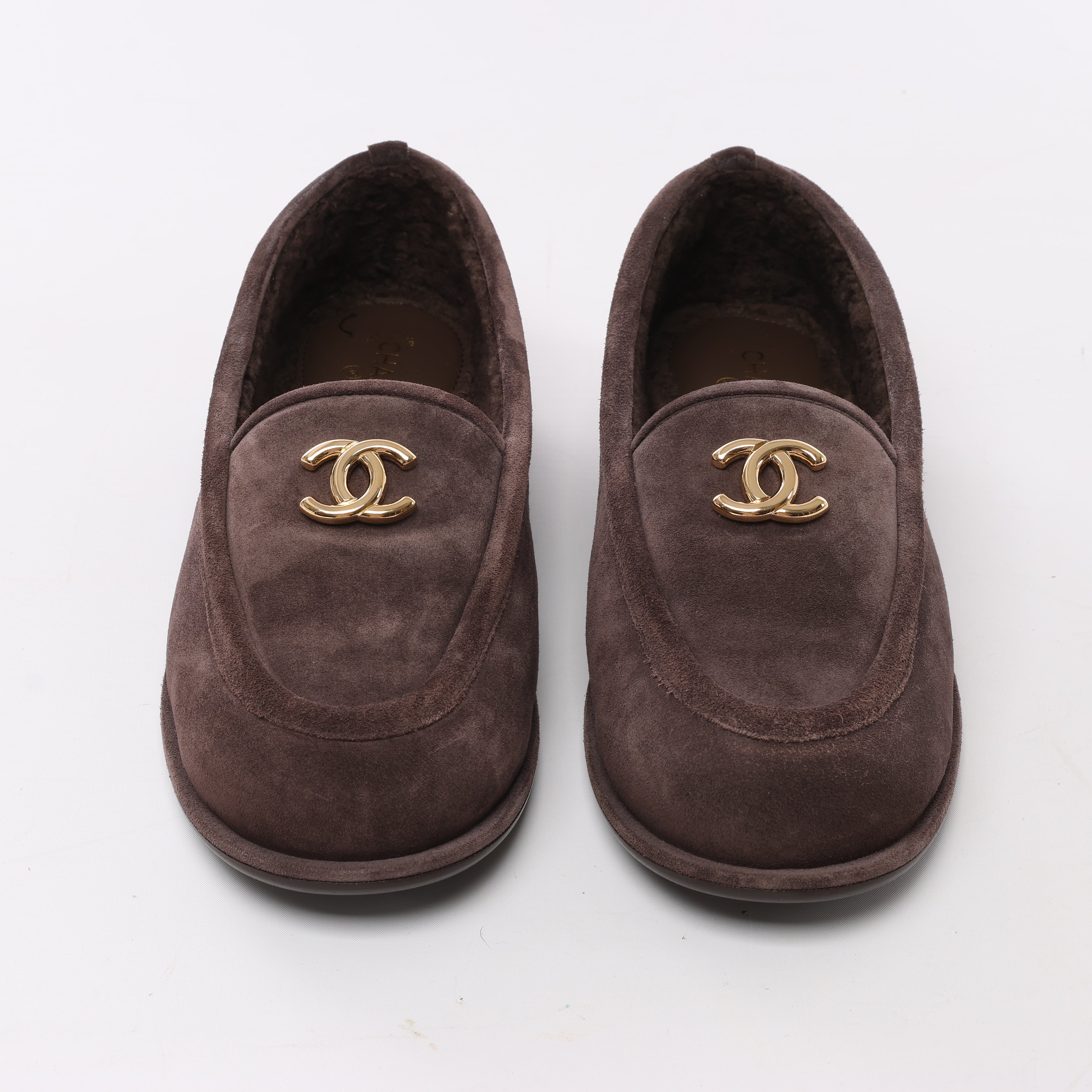 Chanel CC logo Suede x Shearling Loafers in Brown, Size 40.5 EU