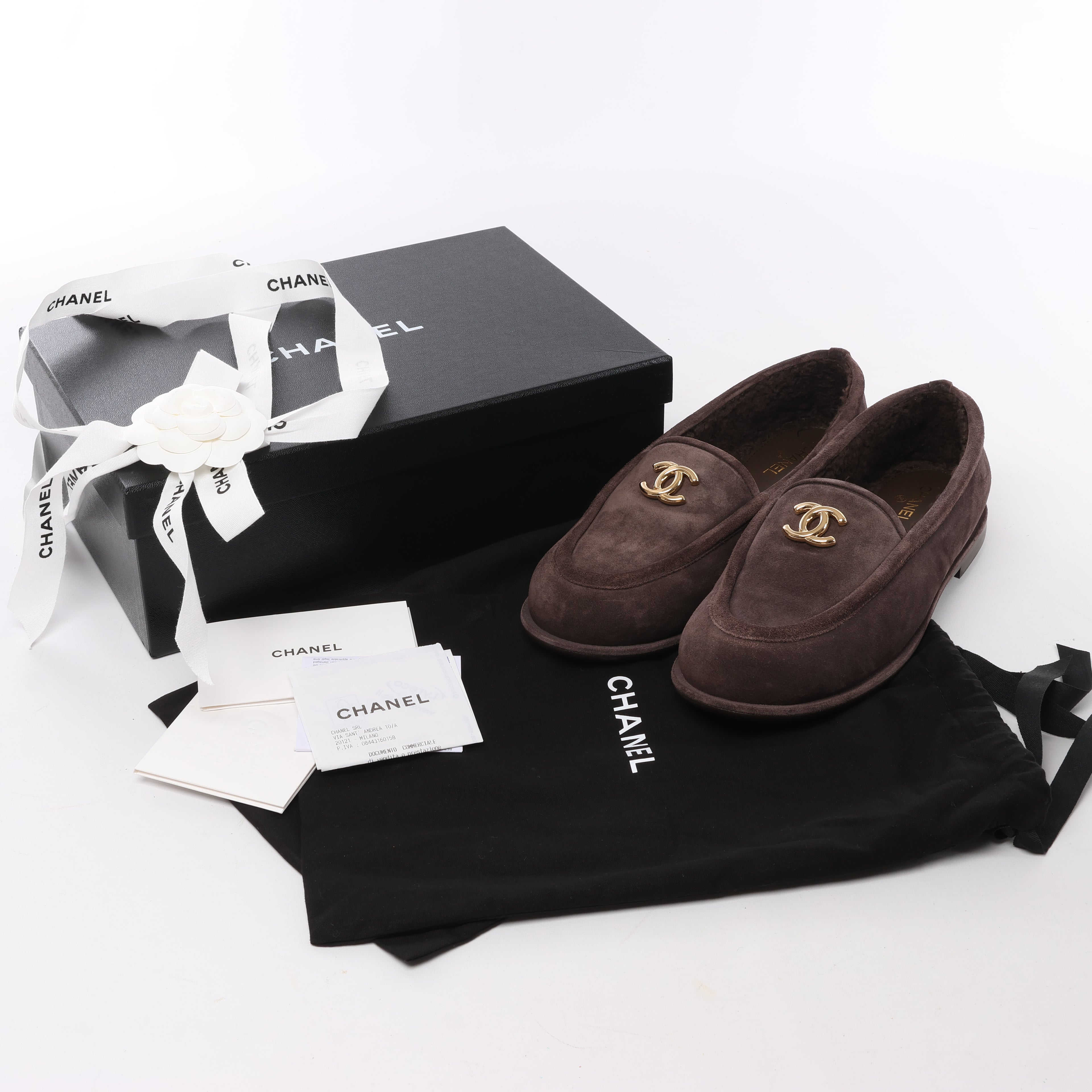 Chanel CC logo Suede x Shearling Loafers in Brown, Size 40.5 EU
