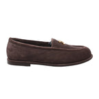 Brown Chanel suede loafers with plush shearling lining, rounded toes and gold-tone interlocking CC logo hardware.