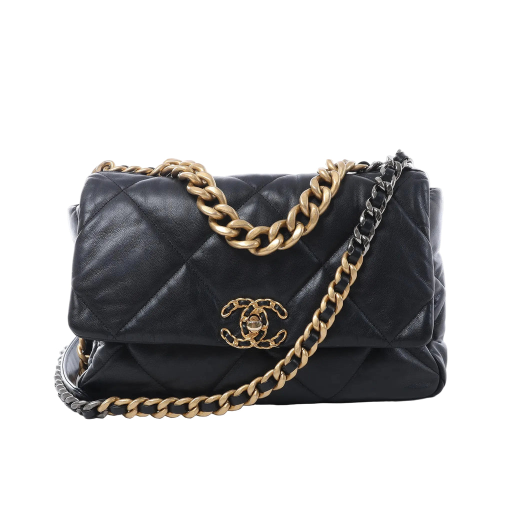Chanel 19 Large black quilted leather shoulder bag with gold and silver-tone chain straps, leather-threaded strap, and CC turn-lock closure on white background.
