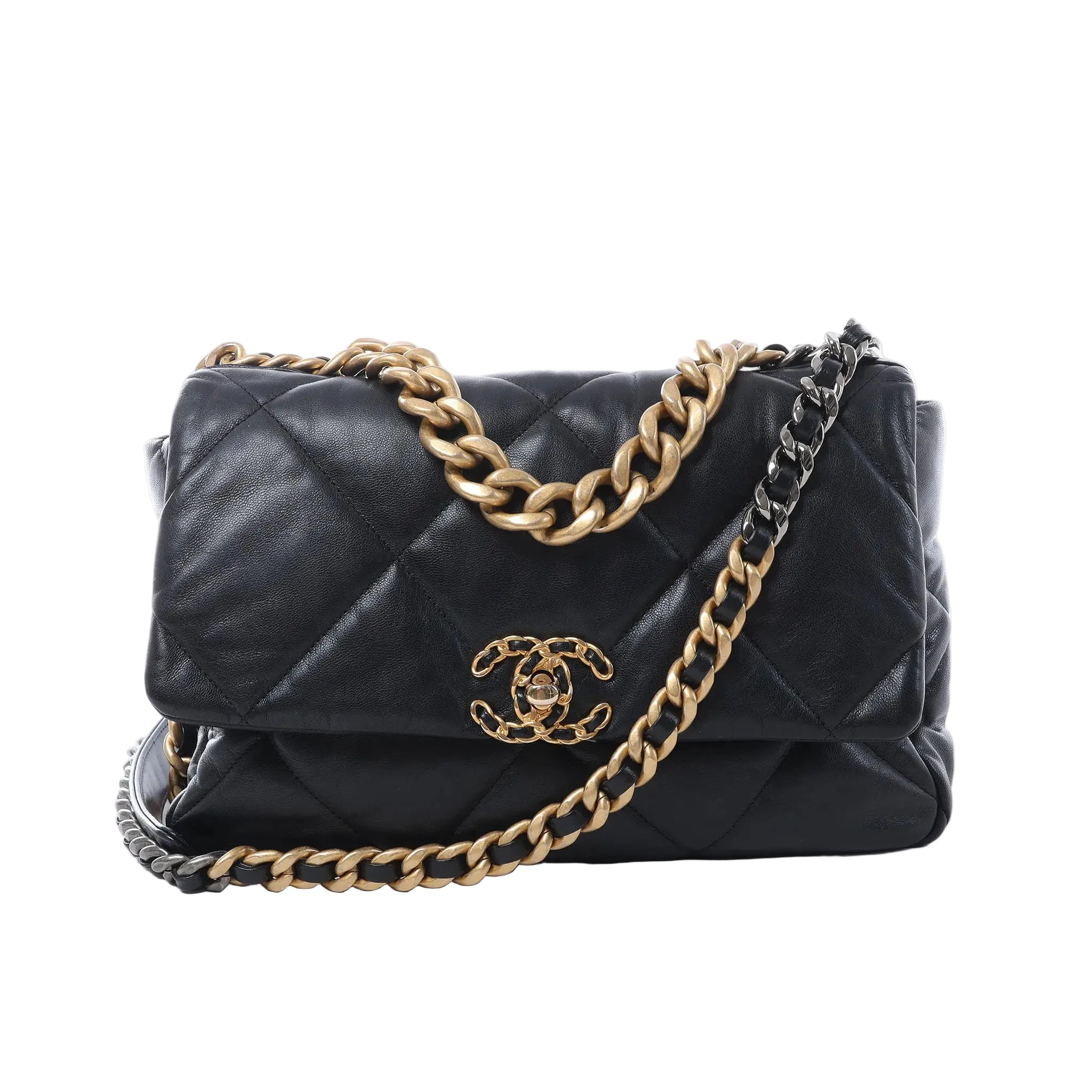 Chanel 19 Large black quilted leather shoulder bag with gold and silver-tone chain straps, leather-threaded strap, and CC turn-lock closure on white background.