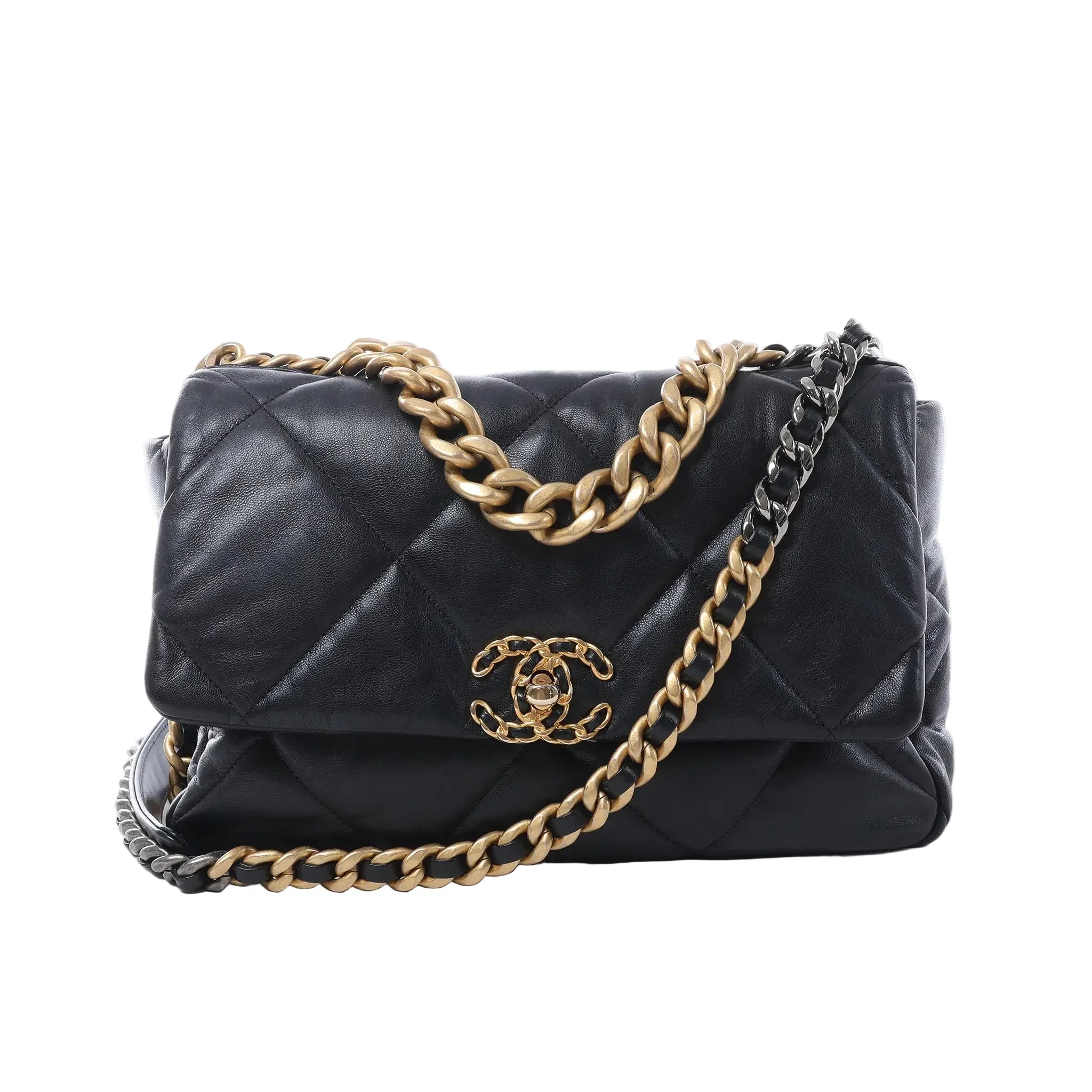 Chanel 19 Large black quilted leather shoulder bag with gold and silver-tone chain straps, leather-threaded strap, and CC turn-lock closure on white background.