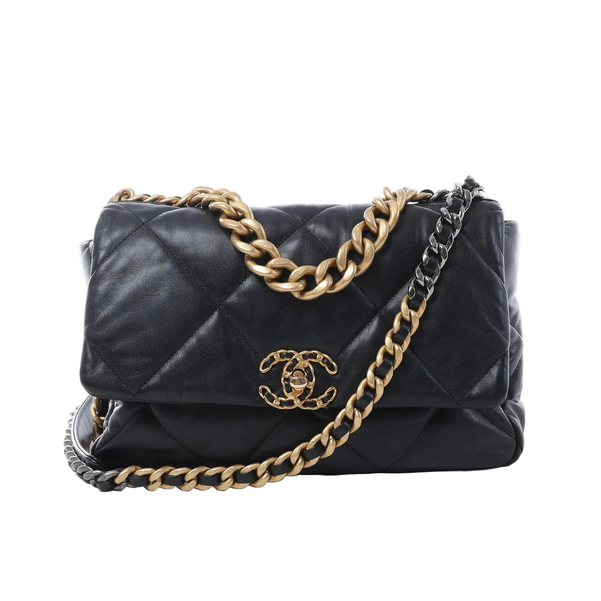 Chanel 19 Large black quilted leather shoulder bag with gold and silver-tone chain straps, leather-threaded strap, and CC turn-lock closure on white background.