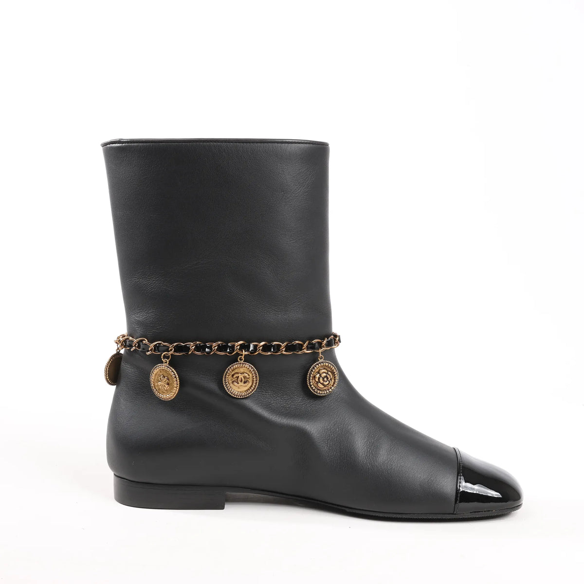 Chanel Coco Mark Camelia 17A Leather Ankle Boots in Black G32929, Size 36 EU