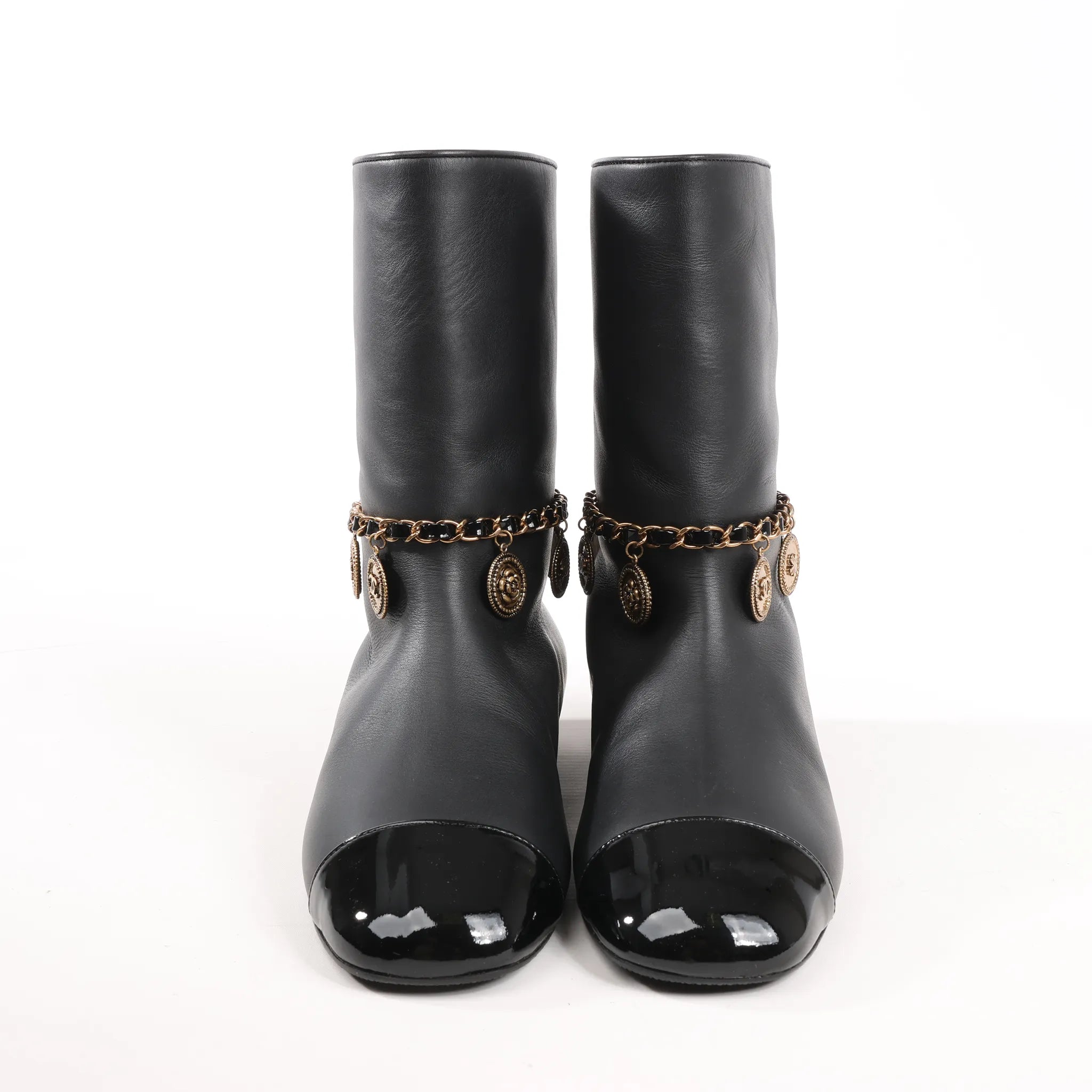 Chanel Coco Mark Camelia 17A Leather Ankle Boots in Black G32929, Size 36 EU