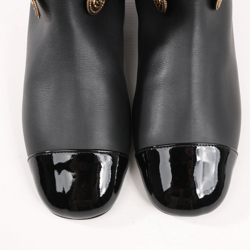 Chanel Coco Mark Camelia 17A Leather Ankle Boots in Black G32929, Size 36 EU