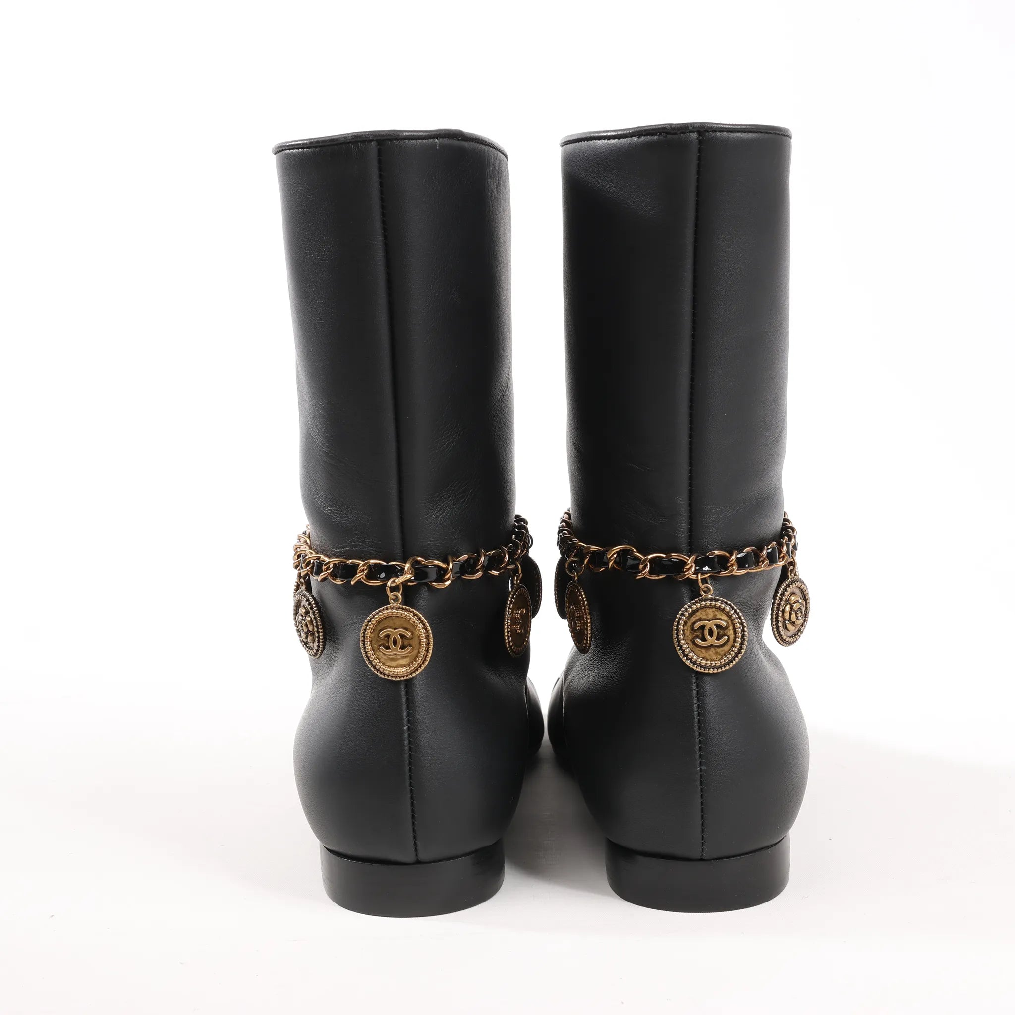 Chanel Coco Mark Camelia 17A Leather Ankle Boots in Black G32929, Size 36 EU