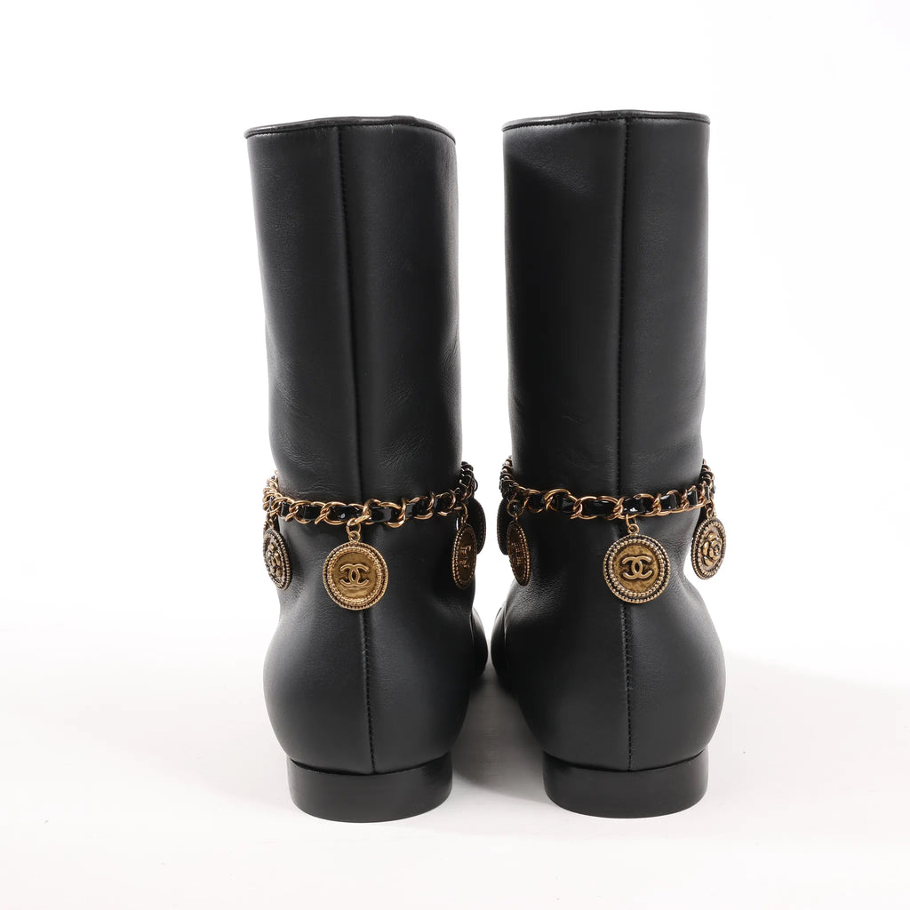 Chanel Coco Mark Camelia 17A Leather Ankle Boots in Black G32929, Size 36 EU