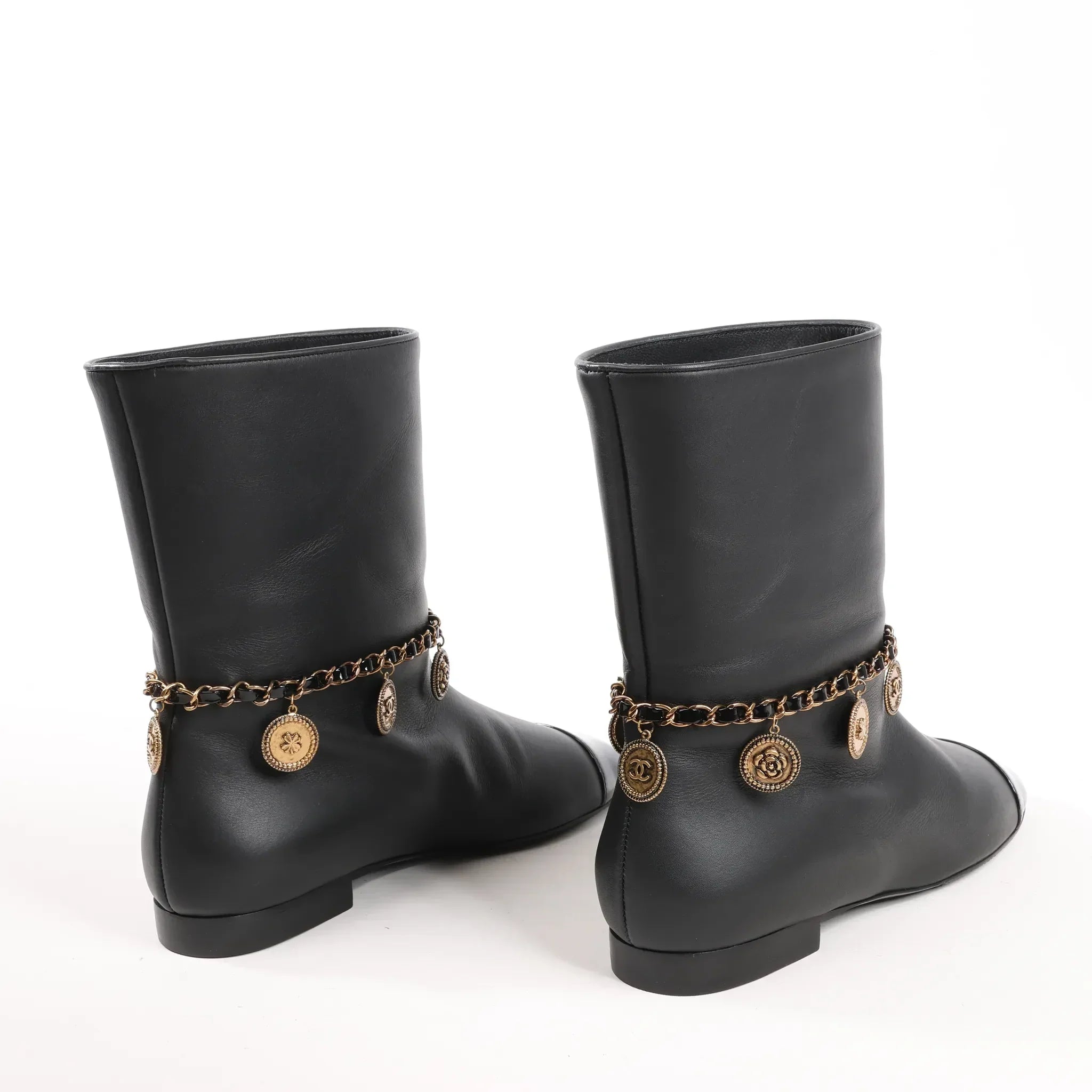 Chanel Coco Mark Camelia 17A Leather Ankle Boots in Black G32929, Size 36 EU