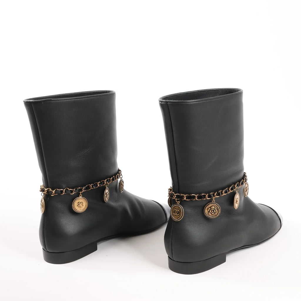 Chanel Coco Mark Camelia 17A Leather Ankle Boots in Black G32929, Size 36 EU