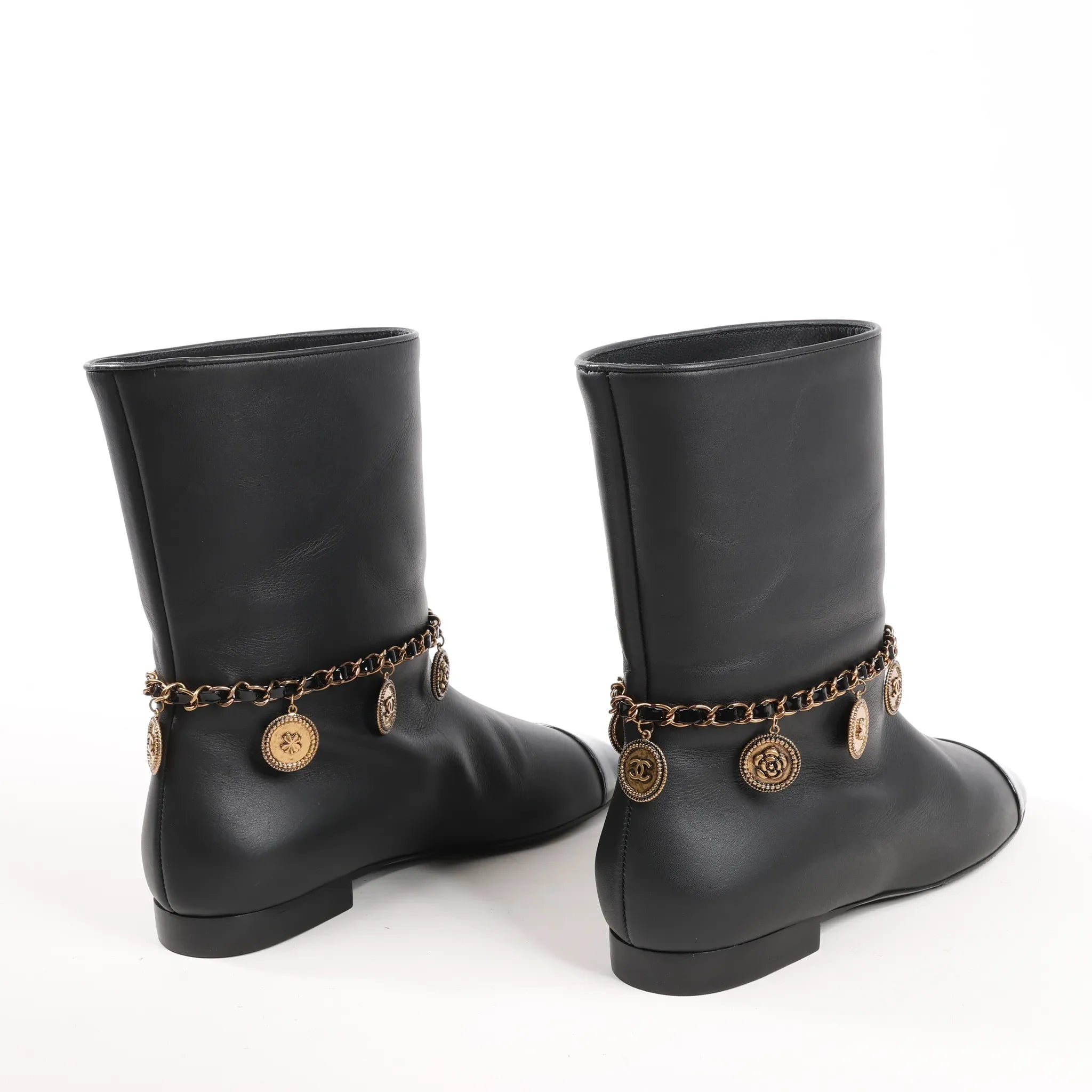 Chanel Coco Mark Camelia 17A Leather Ankle Boots in Black G32929, Size 36 EU