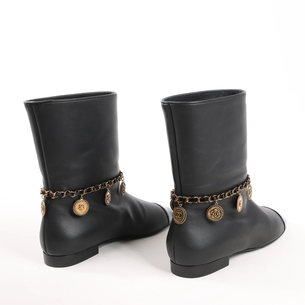Chanel Coco Mark Camelia 17A Leather Ankle Boots in Black G32929, Size 36 EU