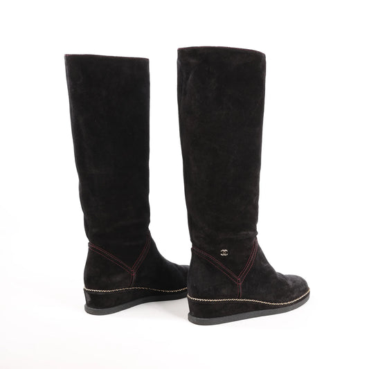Chanel Coco Mark Chain 15B Suede Long Boots in Black G31295, Size 36 EU